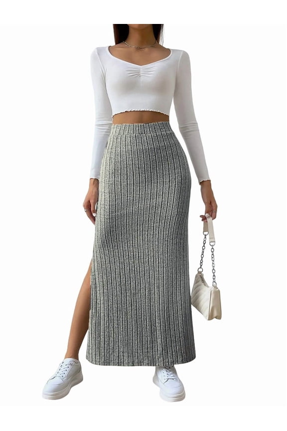 Women'S Bodycon Knitted Pencil Skirts Elastic Split High Waisted Midi Skirt Light Gray 5XL