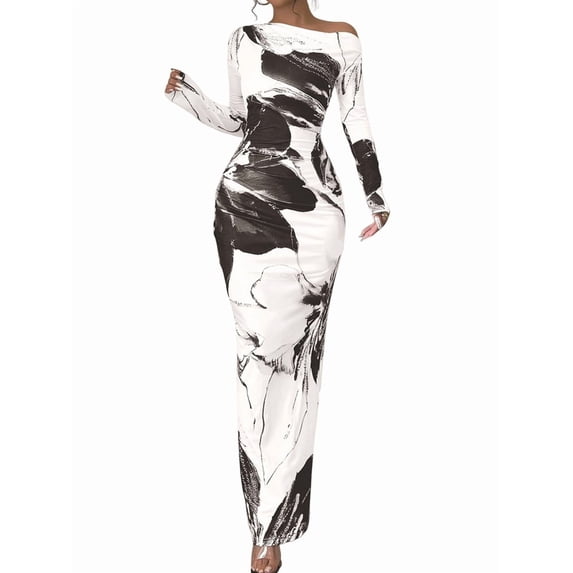 Women'S Bodycon Maxi Dress Fall Spring Fashion Long Sleeve Floral Print Tight Fitted Party Club Ruched Dresses Black XXL