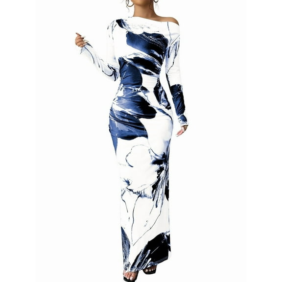 Women'S Bodycon Maxi Dress Fall Spring Fashion Long Sleeve Floral Print Tight Fitted Party Club Ruched Dresses Blue S