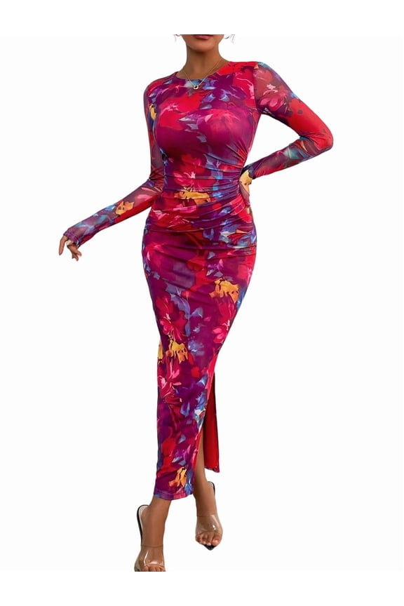 Women'S Bodycon Maxi Dress Fashion Long Sleeve Floral Print Tight Fitted Party Club Ruched Dresses Deep Red M