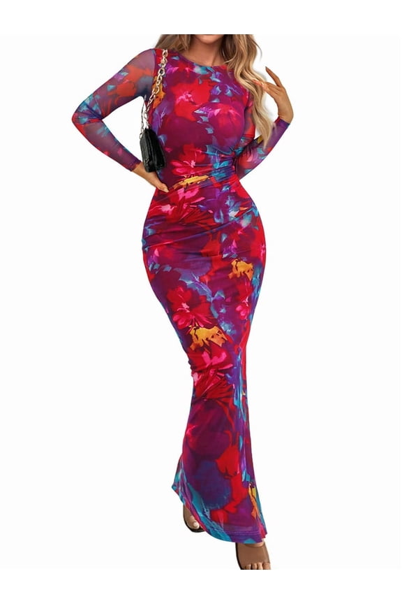 Women'S Bodycon Maxi Dress Fashion Long Sleeve Floral Print Tight Fitted Party Club Ruched Dresses Deep Red M