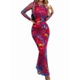 thumbnail image 1 of Women'S Bodycon Maxi Dress Fashion Long Sleeve Floral Print Tight Fitted Party Club Ruched Dresses Deep Red XL, 1 of 1
