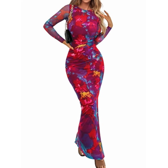 Women'S Bodycon Maxi Dress Fashion Long Sleeve Floral Print Tight Fitted Party Club Ruched Dresses Deep Red XL