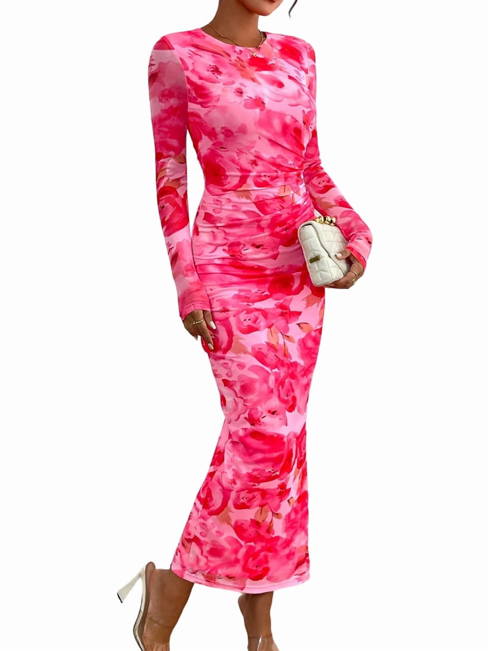 pink tight fitted dresses Women'S Bodycon Maxi Dress Fashion Long Sleeve Floral Print Tight Fitted  Party Club Ruched Dresses Pink M