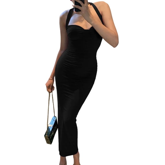 Women'S Bodycon Midi Dress, Elegant Bustier Summer Bodycon Evening Gown for Night Party Date Black L