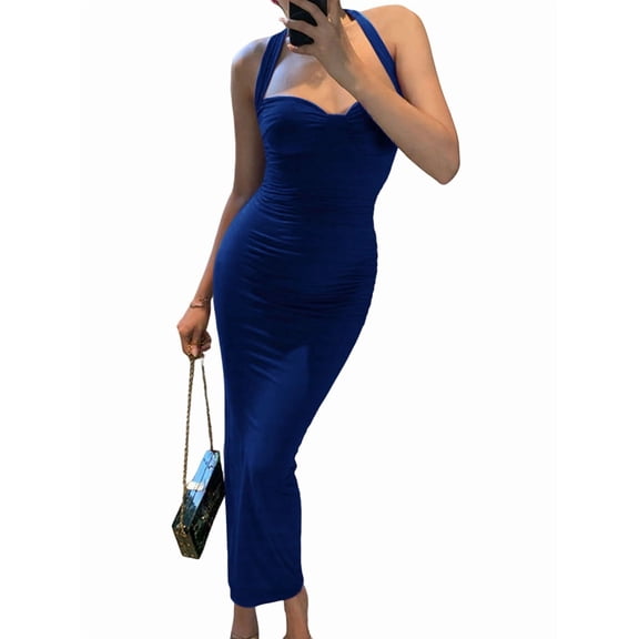 Women'S Bodycon Midi Dress, Elegant Bustier Summer Bodycon Evening Gown for Night Party Date Blue L