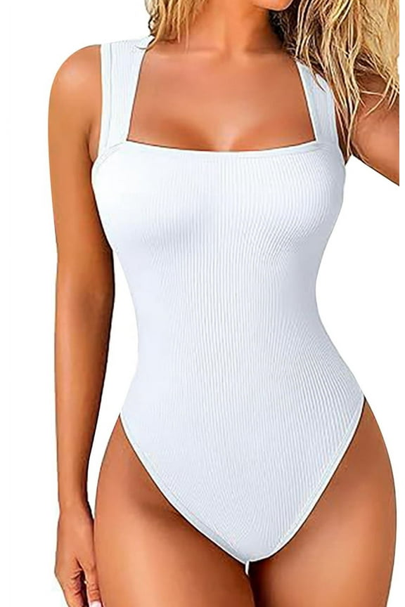 Dycnvjo Women'S Bodysuits Ribbed Strappy Square Neck Sleeveless Tummy Control Tank Tops Bodysuits White M