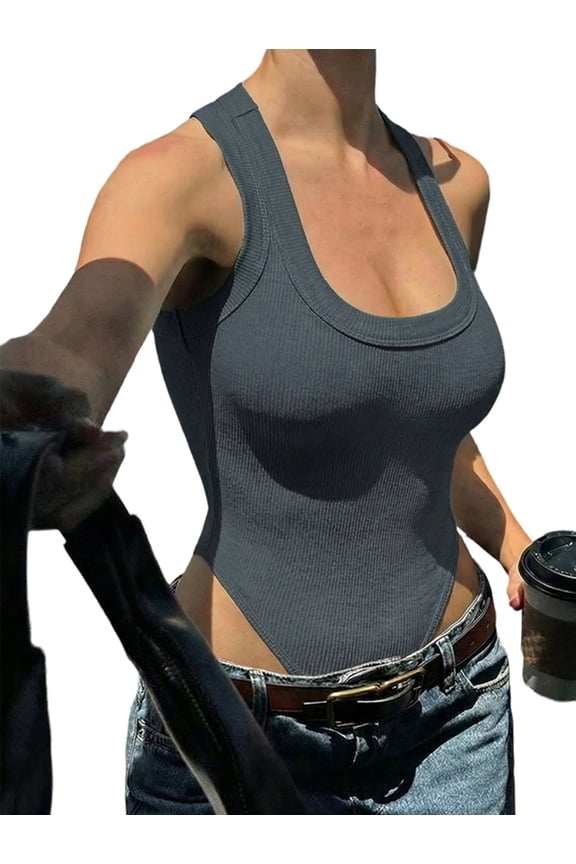 Women'S Bodysuits Summer Ribbed Knit Scoop Neck Sleeveless Slim Fitted Tank Tops Body Suits Dark Gray L