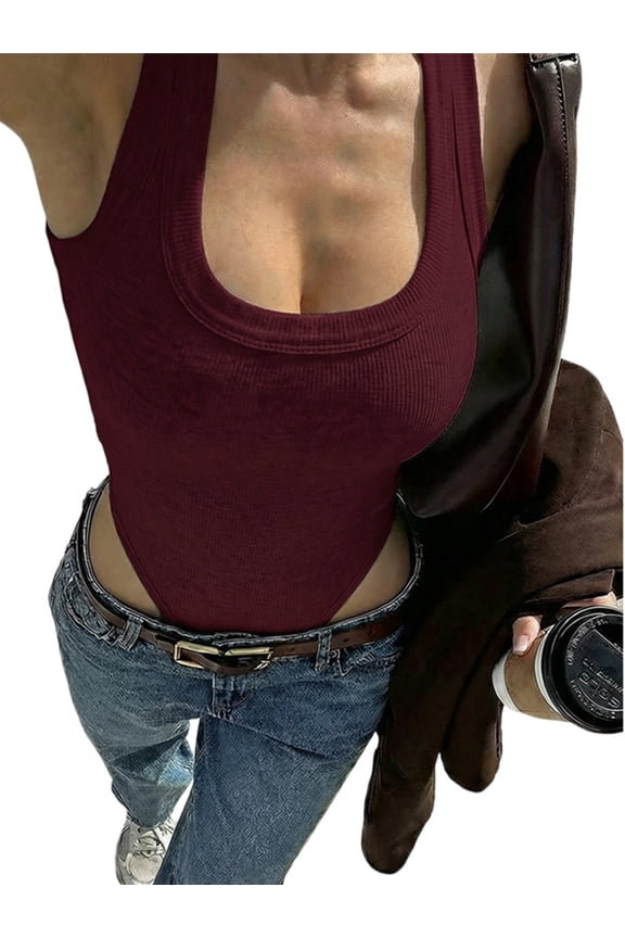 Women'S Bodysuits Summer Ribbed Knit Scoop Neck Sleeveless Slim Fitted Tank Tops Body Suits Rose Red L