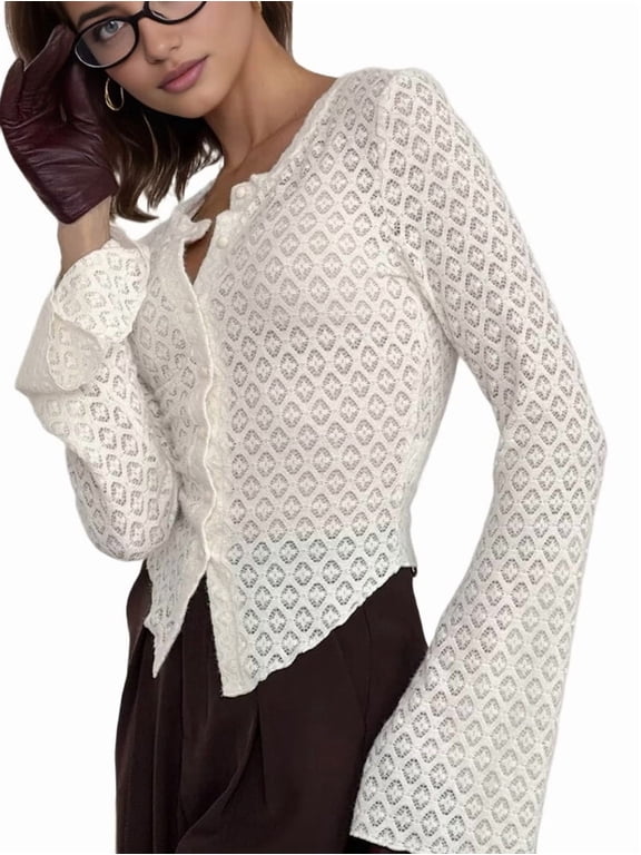 Women'S Bohemian Floral Embroidered Lace Blouse, Long Sleeve Slim Fit Casual Top S