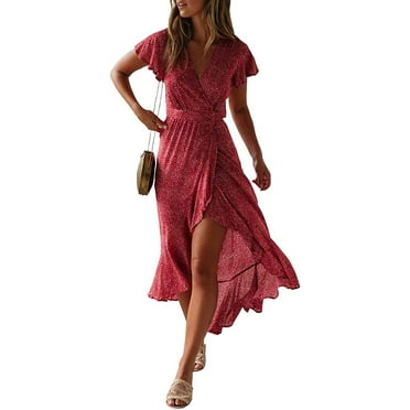 Women'S Bohemian Floral Printed Wrap V Neck Short Sleeve Split Beach Party Maxi Dress