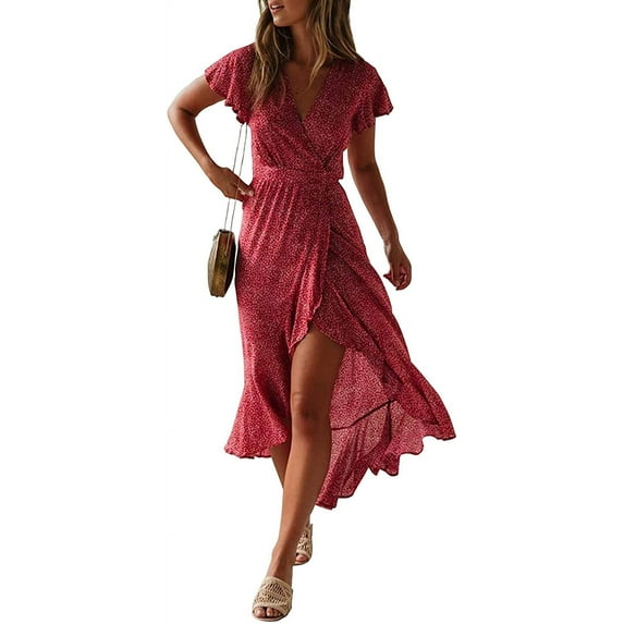 Women'S Bohemian Floral Printed Wrap V Neck Short Sleeve Split Beach Party Maxi Dress