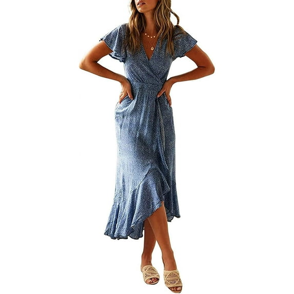 Women'S Bohemian Floral Printed Wrap V Neck Short Sleeve Split Beach Party Maxi Dress
