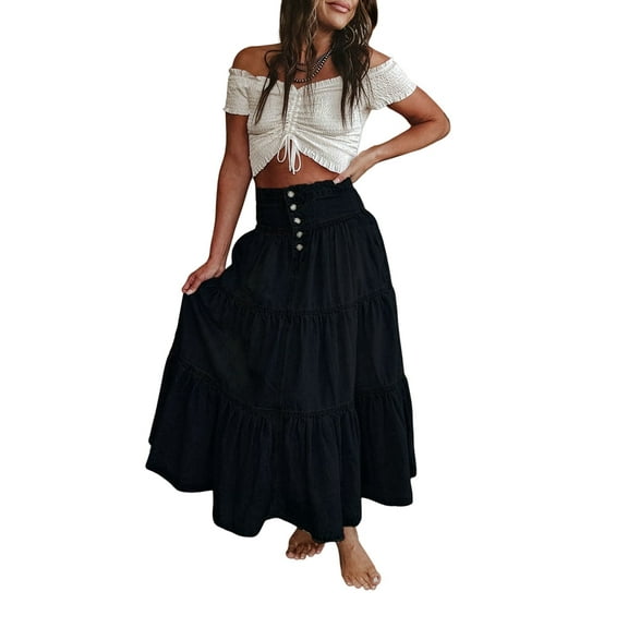 Women'S Bohemian Maxi Dress, Ruffled High Waist Flowy Tiered Ruffle A-Line Long Beach Dress Black M