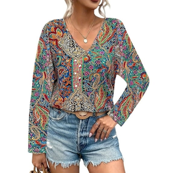 Women'S Bohemian Print V-Neck Long Sleeve Casual Blouses Shirts 2-Mixed Colors XXL
