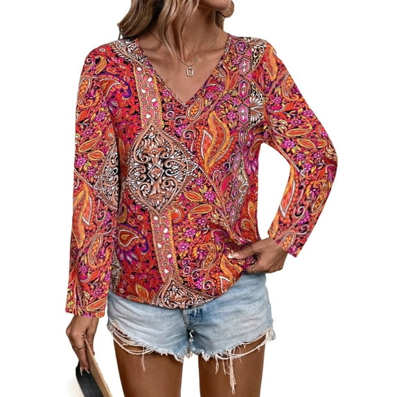 Women'S Bohemian Print V-Neck Long Sleeve Casual Blouses Shirts 4-Mixed Colors L