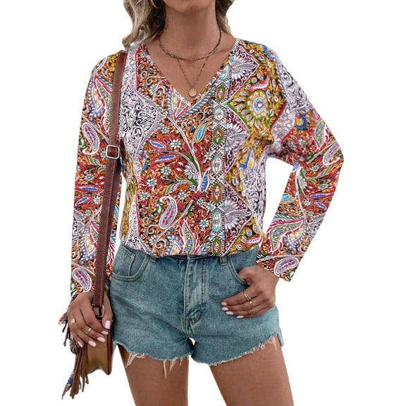Women'S Bohemian Print V-Neck Long Sleeve Casual Blouses Shirts 5-Mixed Colors XXL