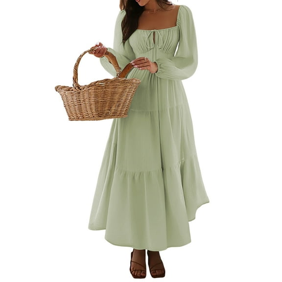 Women'S Bohemian Style Casual Resort Dress U-Neck Long Puff Sleeve A-Line Maxi Dress Green S