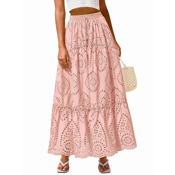 Women'S Boho Casual Summer 2025 Lace Embroidery Eyelet Elastic Waist Flowy Tiered A-Line Beach Maxi Skirt Pink XL