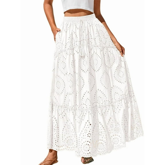 Women'S Boho Casual Summer 2025 Lace Embroidery Eyelet Elastic Waist Flowy Tiered A-Line Beach Maxi Skirt White L