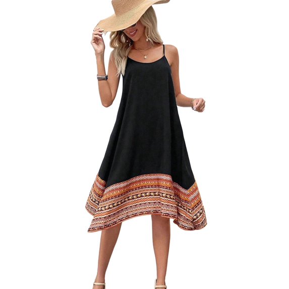 Women'S Boho Color Block Long Dress Hawaii Flowy Spaghetti Strap Dresses Black M