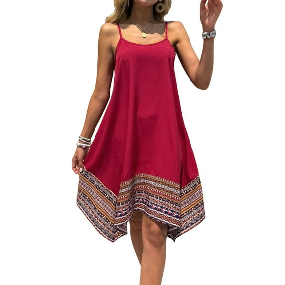 Women'S Boho Color Block Long Dress Hawaii Flowy Spaghetti Strap Dresses Red L