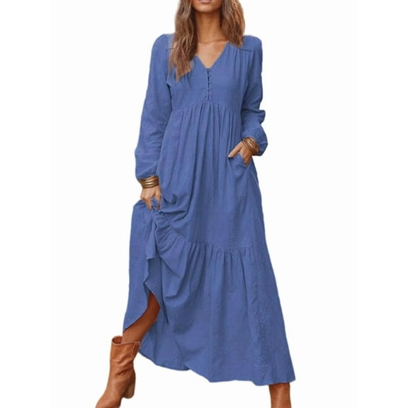Women'S Boho Cotton Maxi Dress V-Neck Long Sleeve Flowy Beach Dress with Pockets and Buttons Dark Blue S