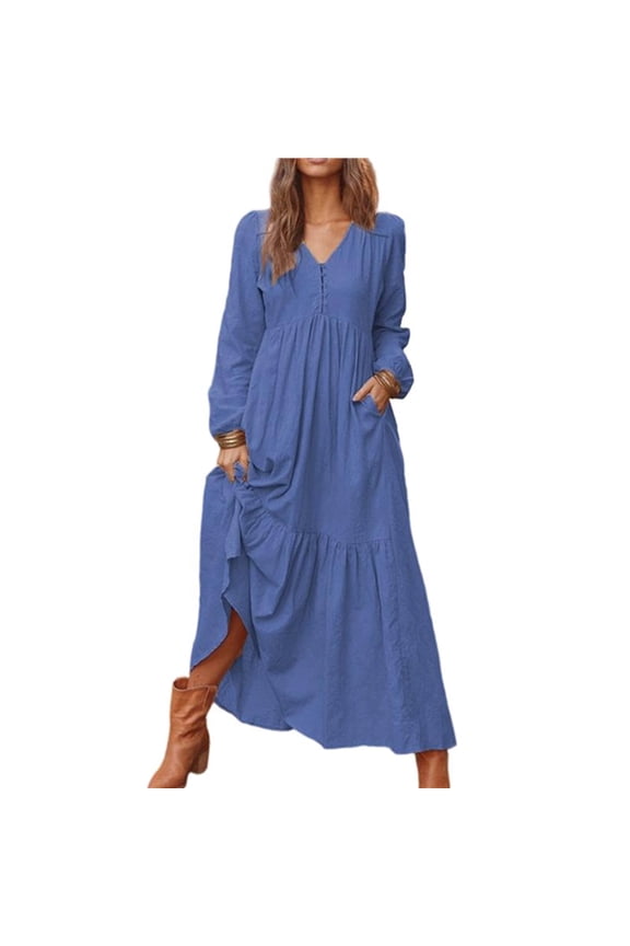 Women'S Boho Cotton Maxi Dress V-Neck Long Sleeve Flowy Beach Dress with Pockets and Buttons Dark Blue XL