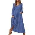 thumbnail image 1 of Women'S Boho Cotton Maxi Dress V-Neck Long Sleeve Flowy Beach Dress with Pockets and Buttons Dark Blue XXL, 1 of 9