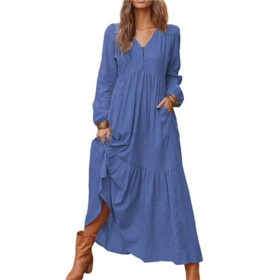 Women'S Boho Cotton Maxi Dress V-Neck Long Sleeve Flowy Beach Dress with Pockets and Buttons Dark Blue XXL