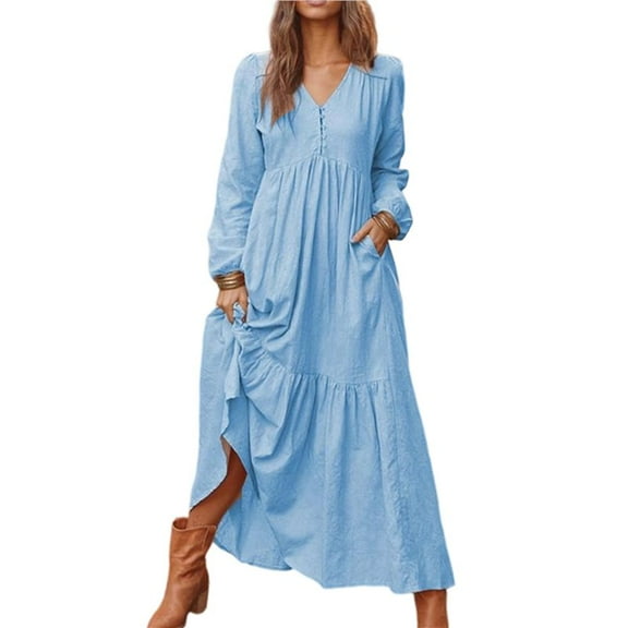 Women'S Boho Cotton Maxi Dress V-Neck Long Sleeve Flowy Beach Dress with Pockets and Buttons Light Blue XL