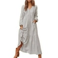 thumbnail image 1 of Women'S Boho Cotton Maxi Dress V-Neck Long Sleeve Flowy Beach Dress with Pockets and Buttons Light Grey XL, 1 of 9