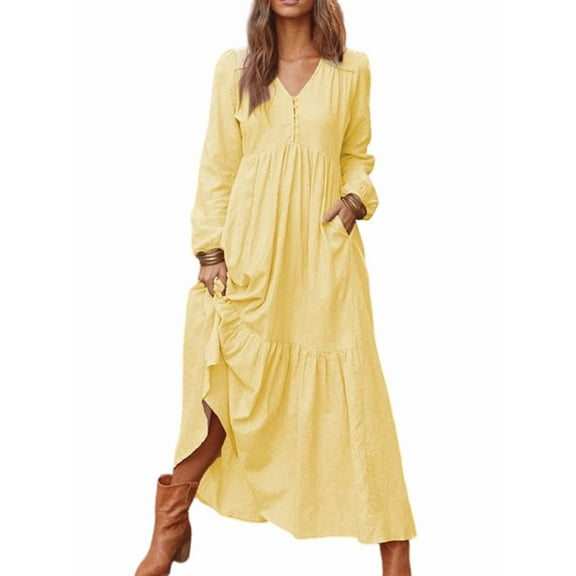 Women'S Boho Cotton Maxi Dress V-Neck Long Sleeve Flowy Beach Dress with Pockets and Buttons Light Yellow S