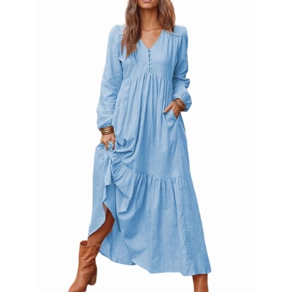 Women'S Boho Cotton Maxi Dress V-Neck Long Sleeve Flowy Beach Dress with Pockets and Buttons Light Blue M