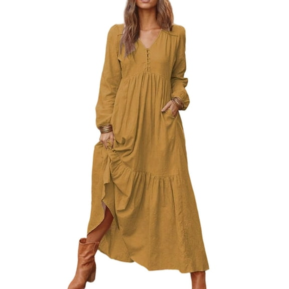 Women'S Boho Cotton Maxi Dress V-Neck Long Sleeve Flowy Beach Dress with Pockets and Buttons Yellow-Brown XL