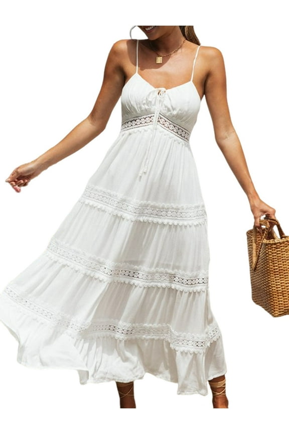 Women'S Boho Crochet Lace Maxi Dress Solid Color Summer Vacation Spaghetti Strap Long Dress White L
