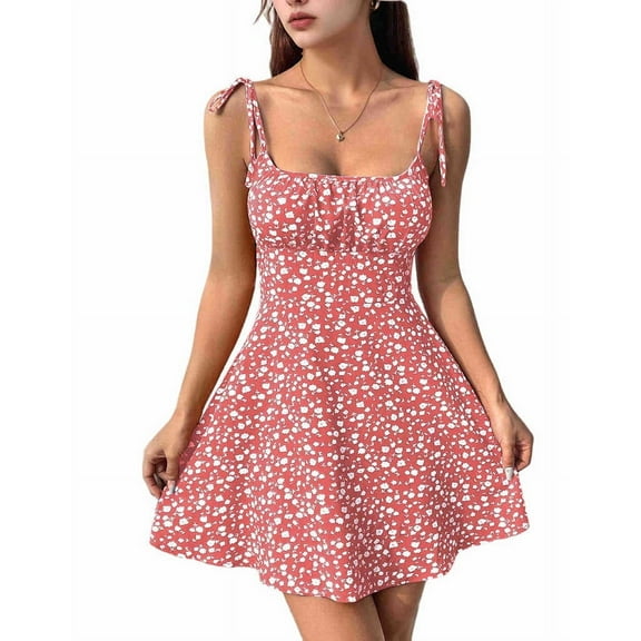 Women'S Boho Floral Dress Romper Spaghetti Strap Smocked Dress Pink L