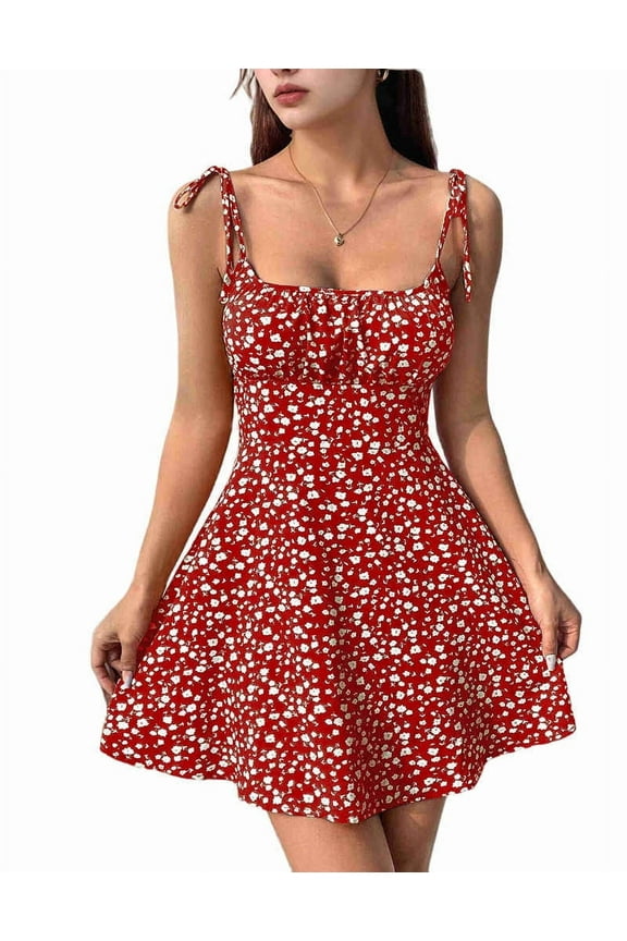 Women'S Boho Floral Dress Romper Spaghetti Strap Smocked Dress Red L