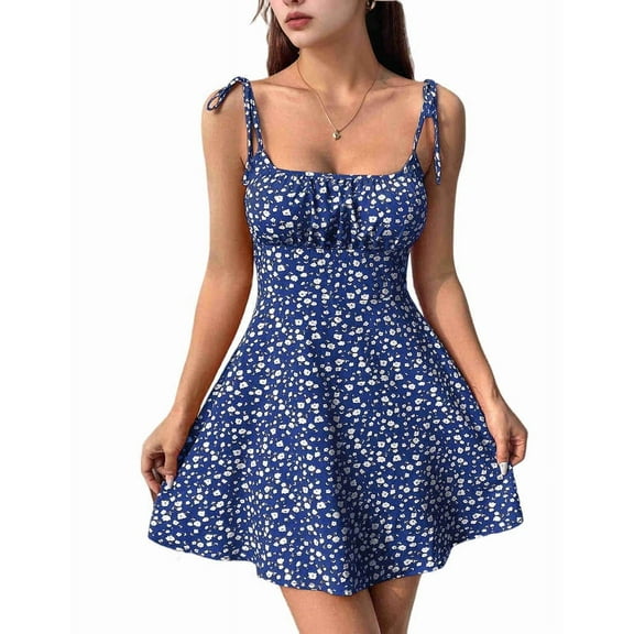 Women'S Boho Floral Dress Romper Spaghetti Strap Smocked Dress Royal Blue S