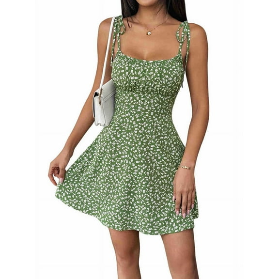Women'S Boho Floral Print Mini Dress Tie Strap Ruched Flared A Line Beach Vacation Flowy Dresses Green M