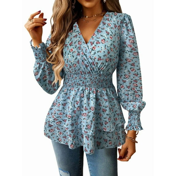 Women'S Boho Floral Print V Neck Wrap Top, Ruffle Hem Peplum Blouse Shirt, Fall Dresses Blue M