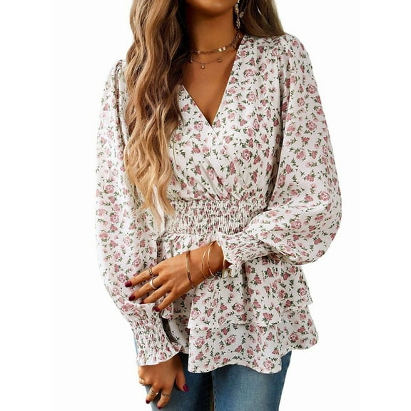 Women'S Boho Floral Print V Neck Wrap Top, Ruffle Hem Peplum Blouse Shirt, Fall Dresses White L