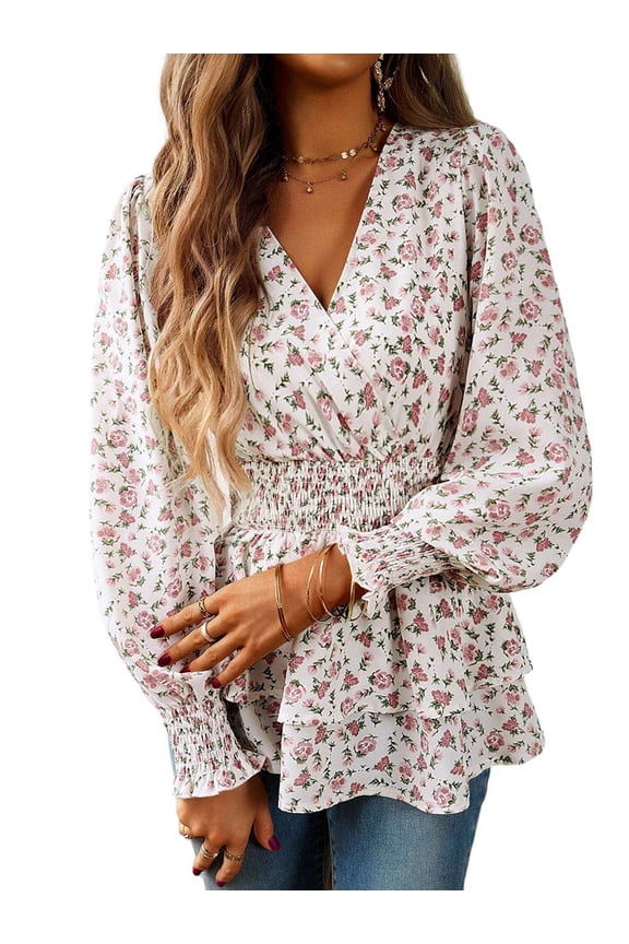 Women'S Boho Floral Print V Neck Wrap Top, Ruffle Hem Peplum Blouse Shirt, Fall Dresses White M
