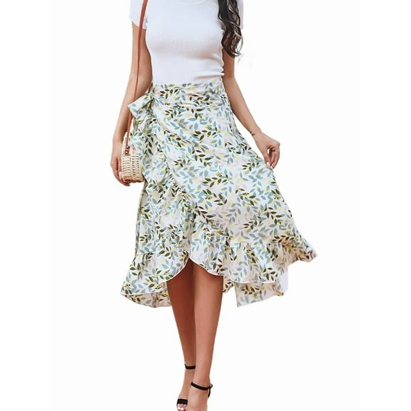 Women'S Boho Floral Print Wrap Front Self Tie Knot Ruffle Hem Split Midi Skirt Green Flowers XL