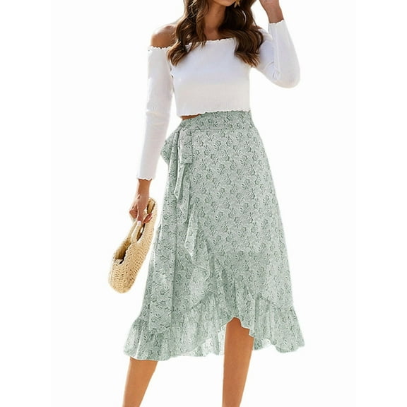Women'S Boho Floral Print Wrap Front Self Tie Knot Ruffle Hem Split Midi Skirt Green XL