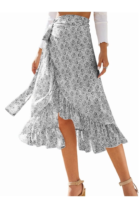 Women'S Boho Floral Print Wrap Front Self Tie Knot Ruffle Hem Split Midi Skirt White XL