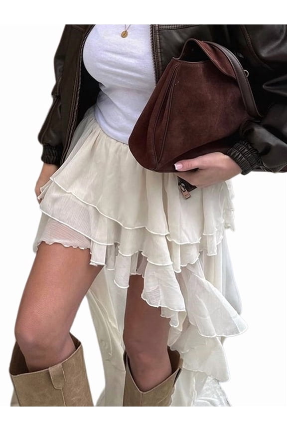 Women'S Boho Layered Ruffle Maxi Skirt Elastic Asymmetrical Skirts Color M