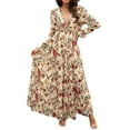 thumbnail image 1 of Women'S Boho Maxi Dress V Neck Puff Long Sleeve Ruffle A-Line Split Swing Chiffon Dresses Yellow Flowers L, 1 of 7