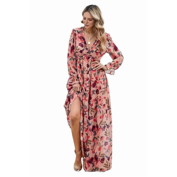 Women'S Boho Maxi Dress V Neck Puff Long Sleeve Ruffle A-Line Split Swing Chiffon Dresses