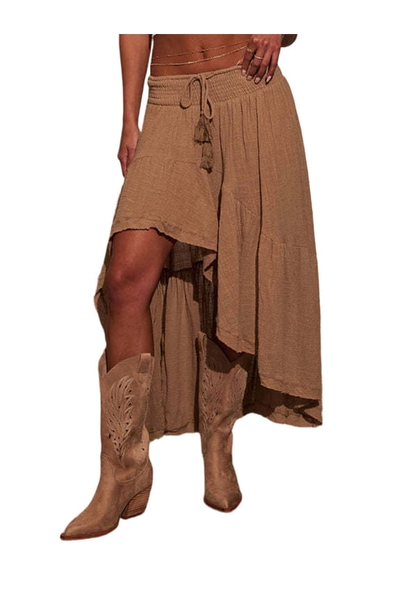 Women'S Boho Maxi Skirt High Low Asymmetrical Ruffle Hem Flowy Western Skirt Camel Color L